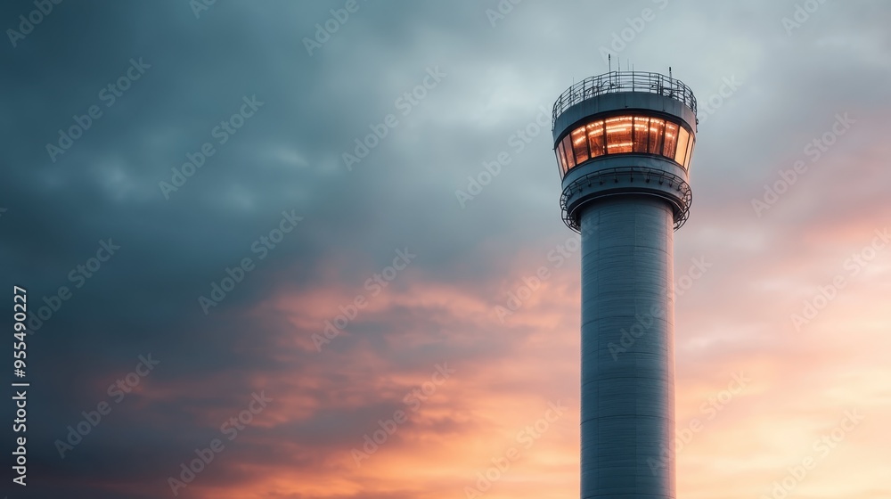 A picturesque control tower set against a dramatic and colorful twilight sky, reflecting the beauty and strength of modern aviation infrastructure at dusk. A picturesque control tower set against a dramatic and colorful twilight sky, reflecting the beauty and strength of modern aviation infrastructure at dusk.