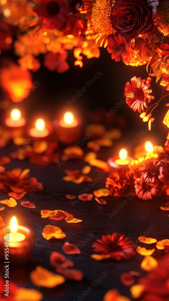 A serene arrangement of candles and petals, creating a warm and inviting ambiance for celebrations and romantic settings. A serene arrangement of candles and petals, creating a warm and inviting ambiance for celebrations and romantic settings.