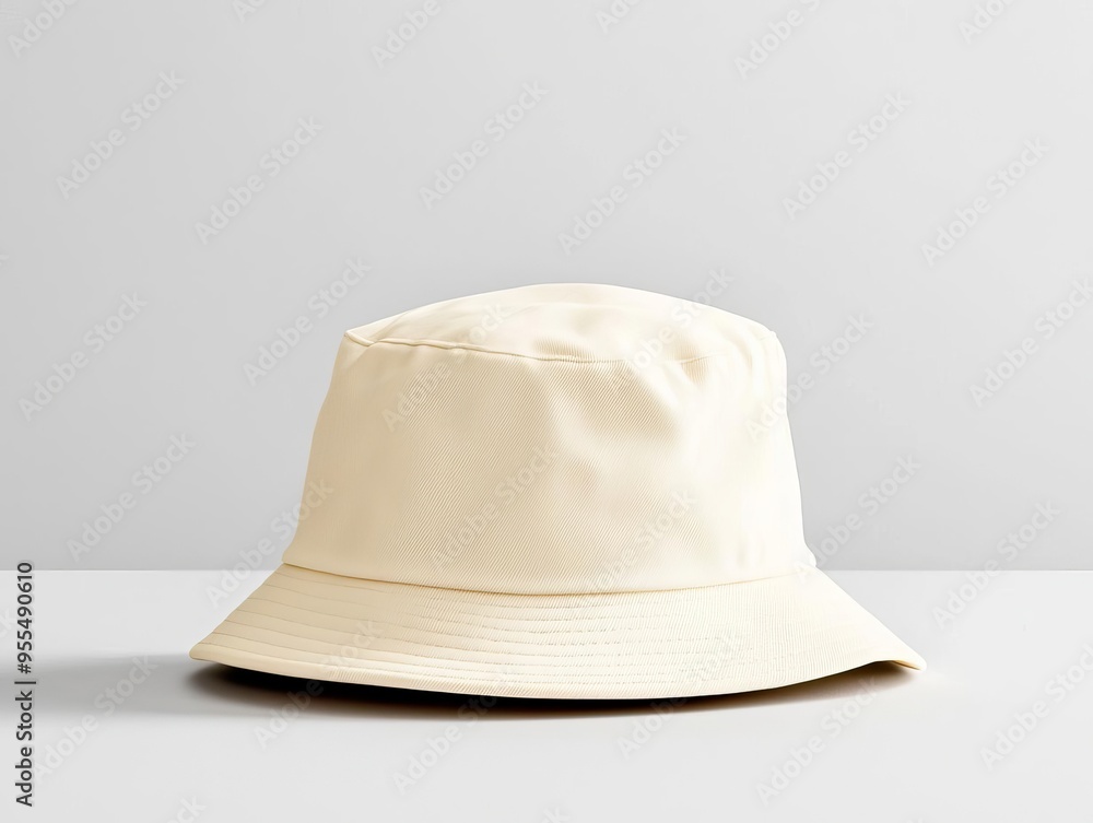 © WE.ARE.AI - 3D render of a blank beige bucket hat on a smooth grey surface, highlighting fabric texture and simplicity © WE.ARE.AI - 3D render of a blank beige bucket hat on a smooth grey surface, highlighting fabric texture and simplicity