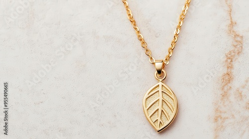 Gold necklace with a minimalist leaf charm, soft natural light, neutral background, top view
