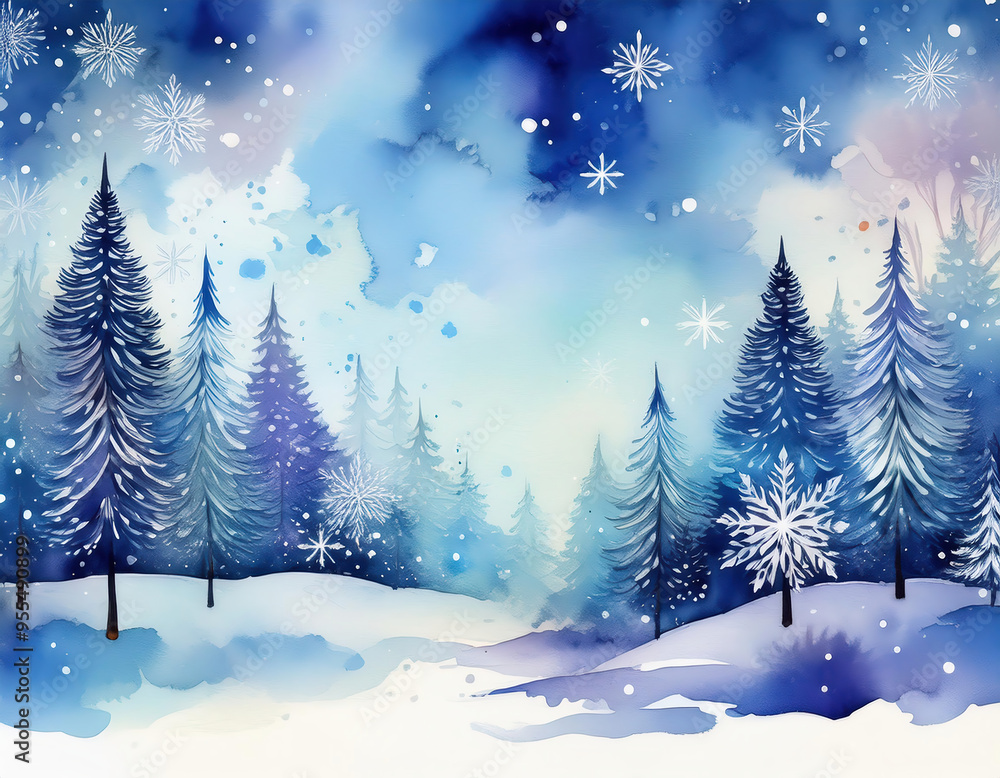 Winter landscape with snowflakes and fir trees in forest at night, christmas card Winter landscape with snowflakes and fir trees in forest at night, christmas card
