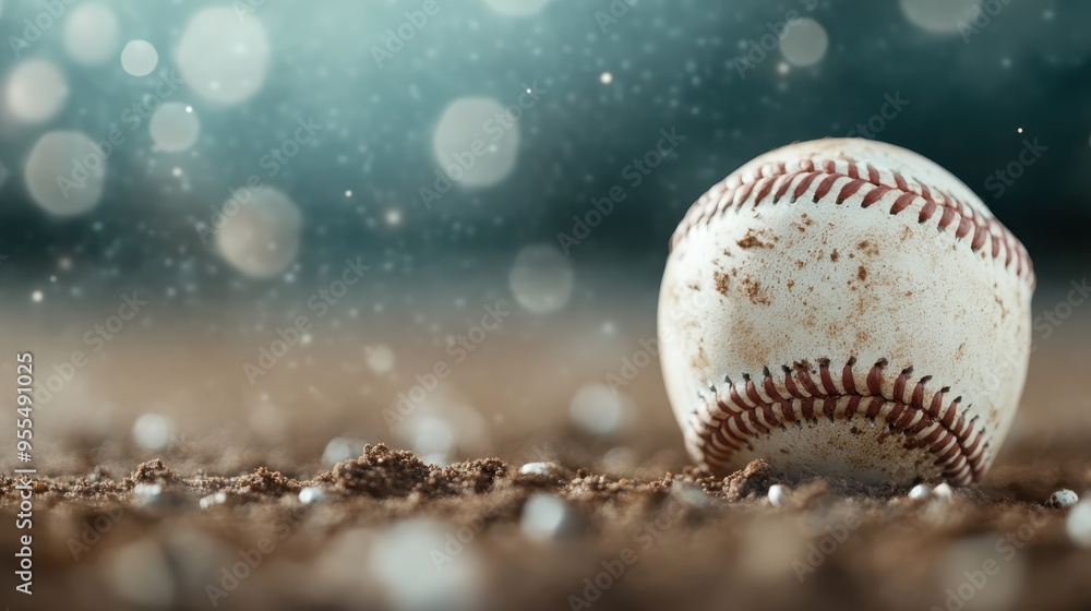 A close-up shot of a baseball resting on the ground with a beautifully blurred background perfect for emphasizing the foreground object. The texture is vividly captured.