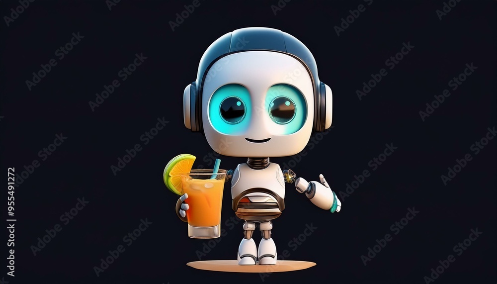 a 3d cute friendly bot bartender character carrying cocktails on a beach a 3d cute friendly bot bartender character carrying cocktails on a beach