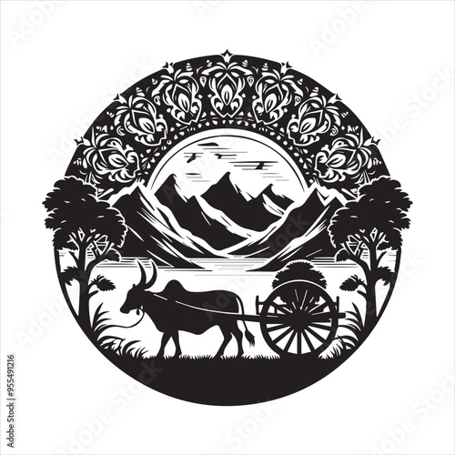 bullock cart wheel silhouette vector With White Background 