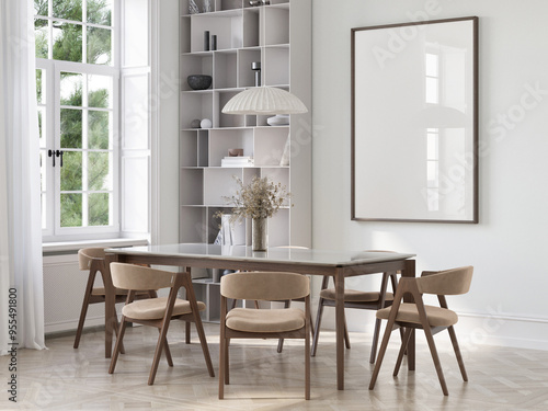 Dining room with mock up poster, interior minimalism design, 3d interior