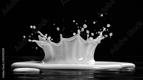 dynamic milk splash forming a crown shape frozen moment crisp white droplets against pure black background photo