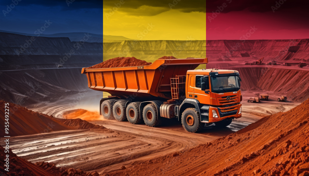 A large dump truck in an open-pit mine with the Chad flag superimposed, symbolizing the strength and scale of mining industry and its contribution to the economy. A large dump truck in an open-pit mine with the Chad flag superimposed, symbolizing the strength and scale of mining industry and its contribution to the economy.