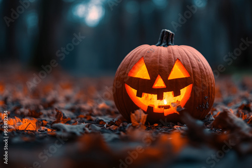 A carved jack-o'-lantern glowing in a dark, misty forest surrounded by fallen autumn leaves on a cool evening