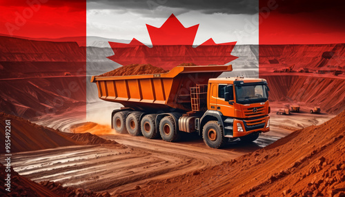 A large dump truck in an open-pit mine with the Canada flag superimposed, symbolizing the strength and scale of mining industry and its contribution to the economy.