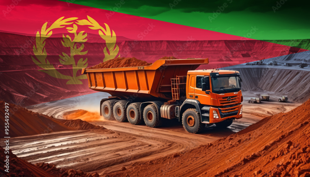 A large dump truck in an open-pit mine with the Eritrea flag superimposed, symbolizing the strength and scale of mining industry and its contribution to the economy. A large dump truck in an open-pit mine with the Eritrea flag superimposed, symbolizing the strength and scale of mining industry and its contribution to the economy.