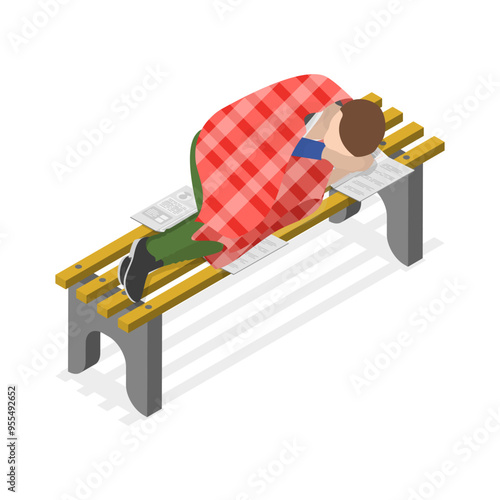 3D Isometric Flat Vector Set of Homeless People, Poverty, Unemployed and Refugees. Item 4