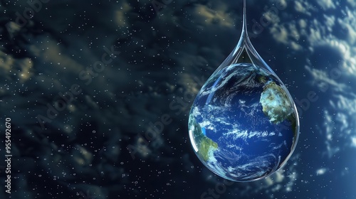 earth reimagined as a pristine water droplet suspended in space photorealistic rendering with visible continents and oceans emphasizing the fragility and preciousness of our planet photo