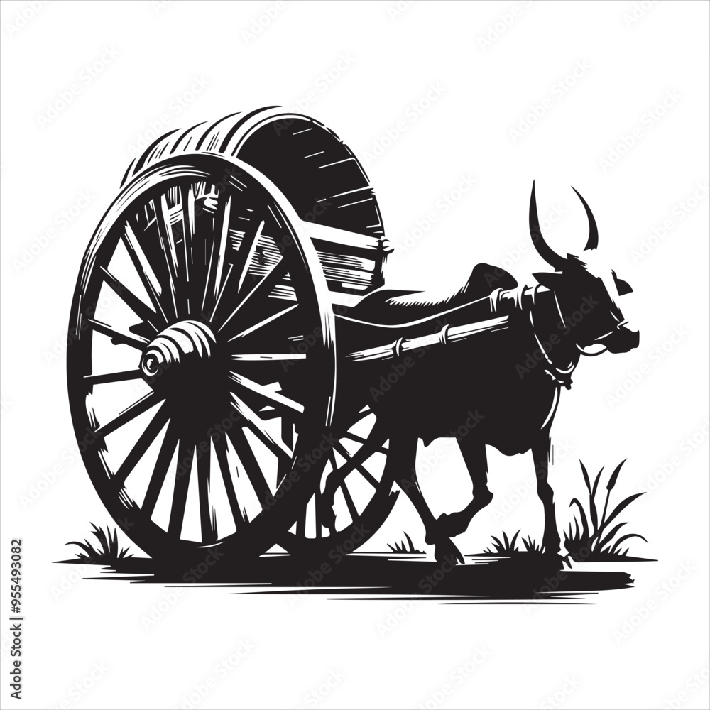 Fototapeta premium bullock cart wheel silhouette vector With White Background 