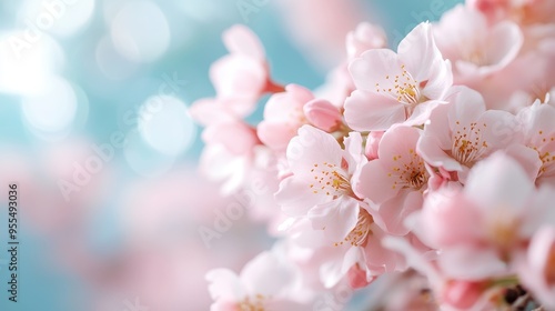 Delicate pink cherry blossoms are depicted in full bloom against a bright, sky-blue background, evoking a sense of natural beauty and the fleeting nature of spring. #955493036