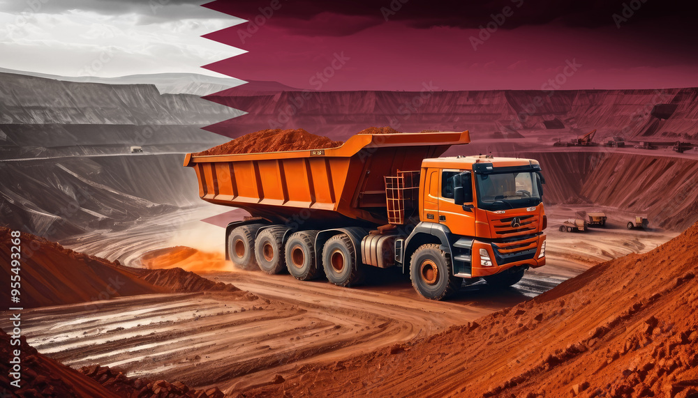 A large dump truck in an open-pit mine with the Qatar flag superimposed, symbolizing the strength and scale of mining industry and its contribution to the economy. A large dump truck in an open-pit mine with the Qatar flag superimposed, symbolizing the strength and scale of mining industry and its contribution to the economy.