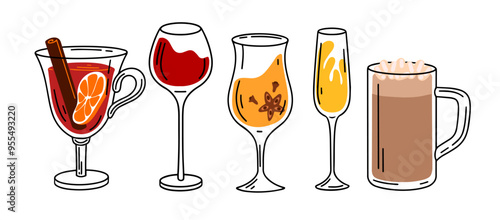 Set of winter drinks. Collection with mulled wine, champagne flute, mug of cocoa, glass of red wine. Cocktails for menu. Alcoholic and non-alcoholic drinks isolated on white background