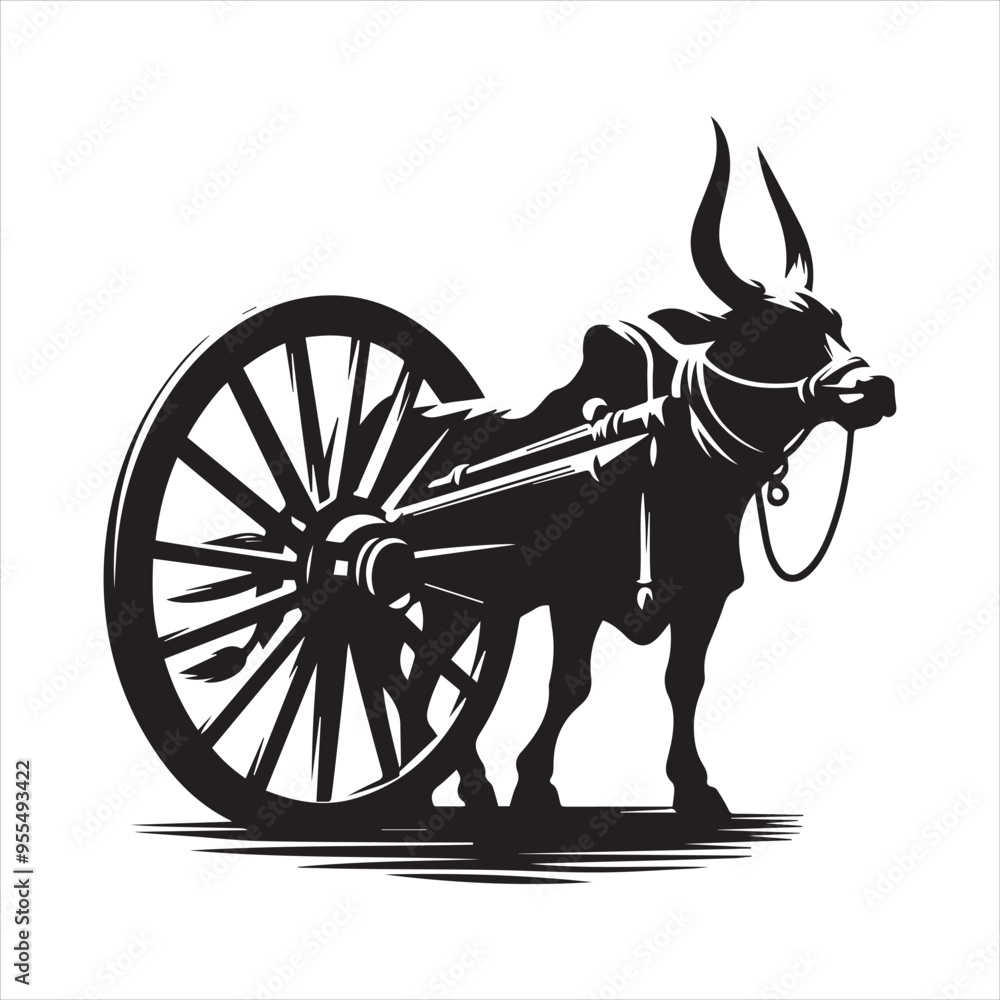 Fototapeta premium bullock cart wheel silhouette vector With White Background