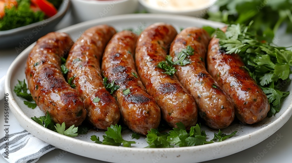 Appetizing Whole30 Breakfast Sausages on a Platter with Fresh Herbs Appetizing Whole30 Breakfast Sausages on a Platter with Fresh Herbs