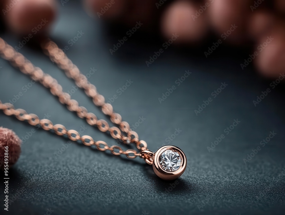 Fototapeta premium A delicate rose gold necklace with a tiny diamond pendant, close-up, sharp focus, photorealism
