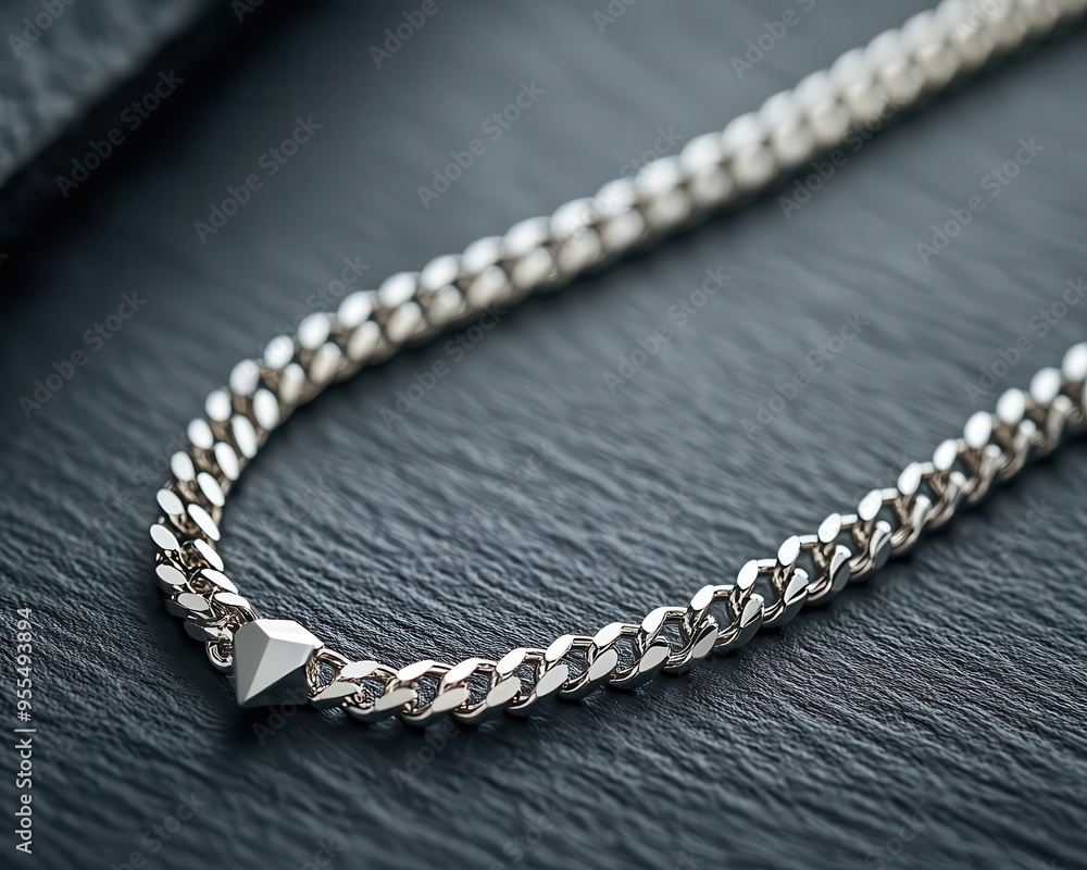 Silver chain necklace with a small geometric charm, top view, clean design, photorealistic Silver chain necklace with a small geometric charm, top view, clean design, photorealistic