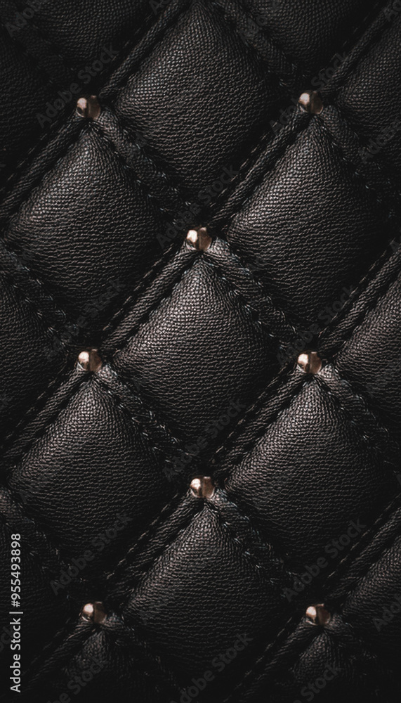 Obraz premium A close-up of a textured black genuine leather surface with a diamond stitch pattern and small golden studs, an elegant dark, luxury, sexy background