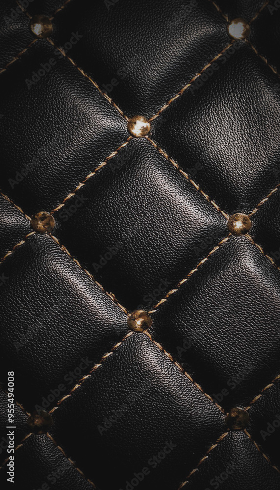 Obraz premium A close-up of a textured black genuine leather surface with a diamond stitch pattern and small golden studs, an elegant dark, luxury, sexy background