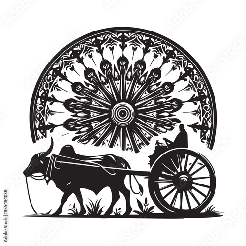 bullock cart wheel silhouette vector With White Background 