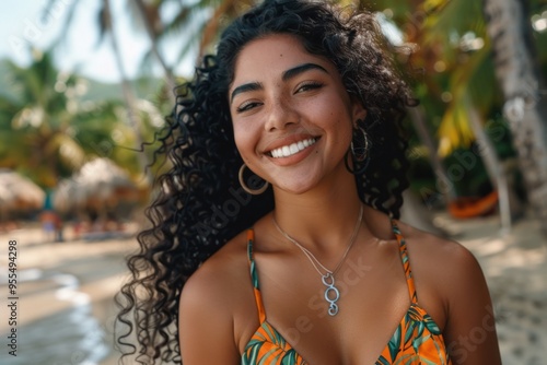 Beach portrait shows radiant black-haired woman, youthful charm, sandy beach, outdoor recreation.