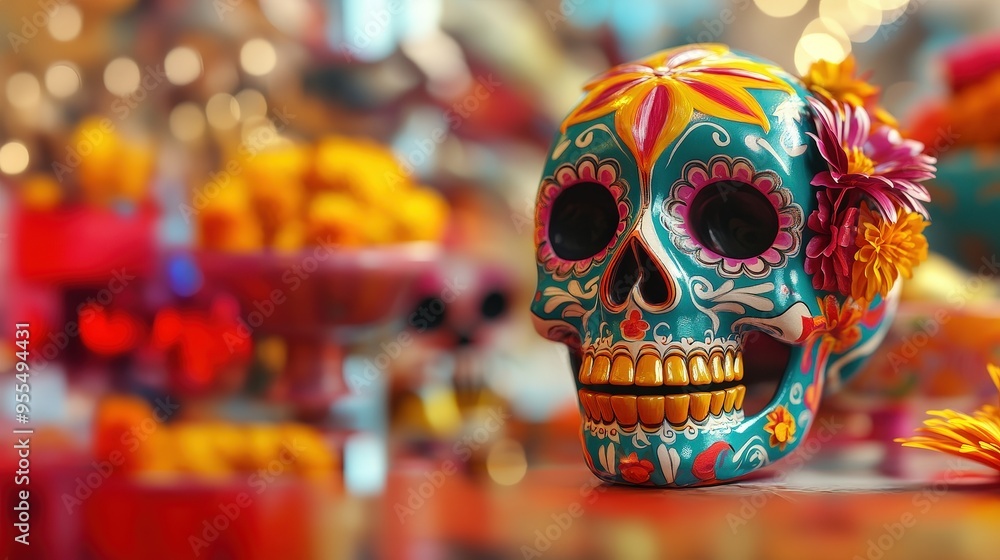 Fototapeta premium Colorful sugar skull decorated with flowers, symbolizing the Day of the Dead celebration, showcasing vibrant artistry and culture.