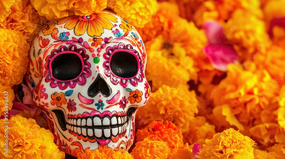 Colorful sugar skull surrounded by vibrant marigold flowers for a festive celebration, symbolizing Dia de los Muertos. Colorful sugar skull surrounded by vibrant marigold flowers for a festive celebration, symbolizing Dia de los Muertos.