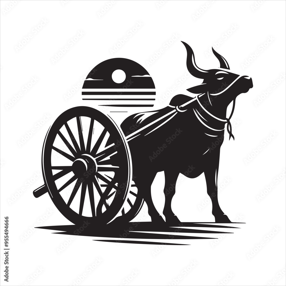 Fototapeta premium bullock cart wheel silhouette vector With White Background 