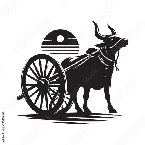 bullock cart wheel silhouette vector With White Background 