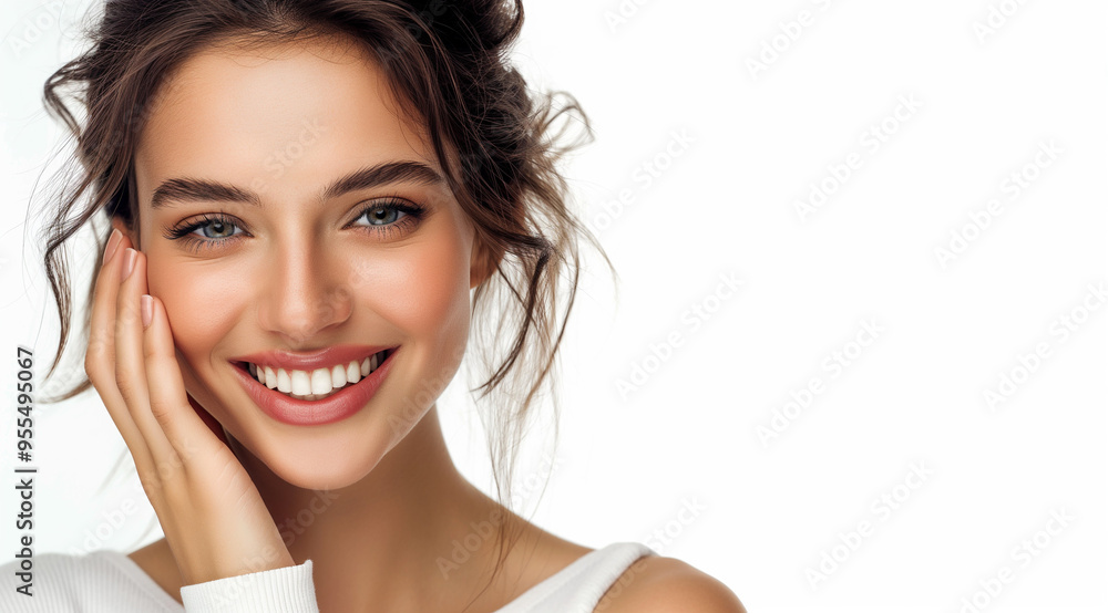 A beautiful woman smiling with her hand on her cheek, portrait of a pwoman with a smile, portrait of a woman, woman skin care, woman beautiful skin A beautiful woman smiling with her hand on her cheek, portrait of a pwoman with a smile, portrait of a woman, woman skin care, woman beautiful skin