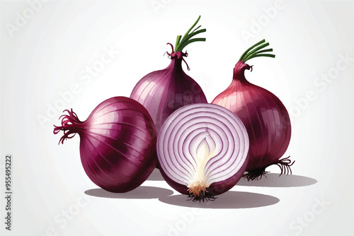 Fresh red onion and cut in half sliced isolated on white background, top view, flat lay.