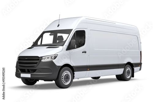 A white delivery van on a white background.