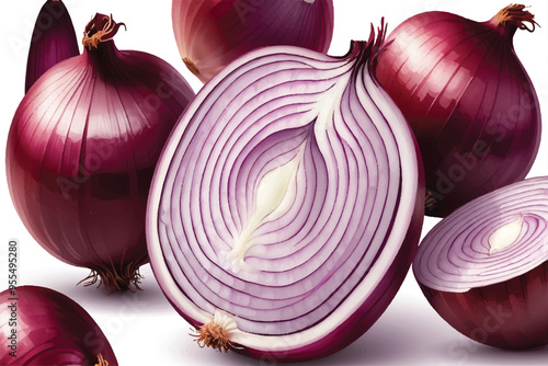 Fresh red onion and cut in half sliced isolated on white background, top view, flat lay.