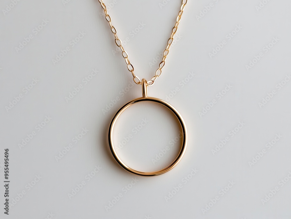 Gold necklace with a simple circle pendant, isolated on a pure white background, sharp focus Gold necklace with a simple circle pendant, isolated on a pure white background, sharp focus