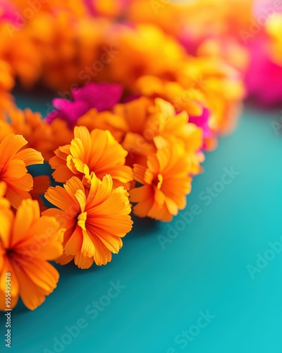 Vibrant floral arrangement featuring orange and pink flowers against a teal background, perfect for celebrations and decorations.