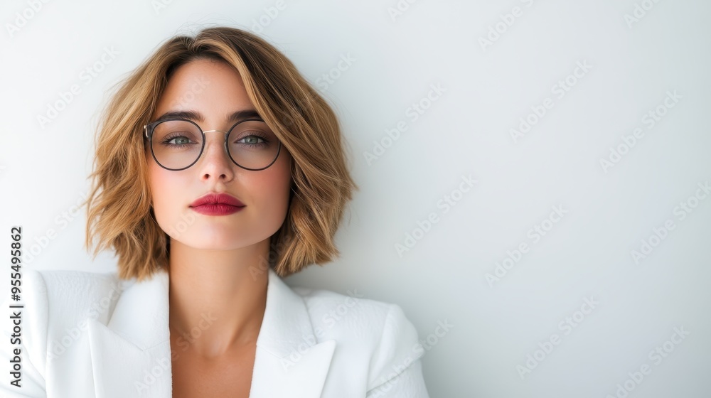 A sophisticated woman with short blond hair and stylish black glasses, posed against a white background, radiating confidence and modern elegance in a minimalistic setting. A sophisticated woman with short blond hair and stylish black glasses, posed against a white background, radiating confidence and modern elegance in a minimalistic setting.