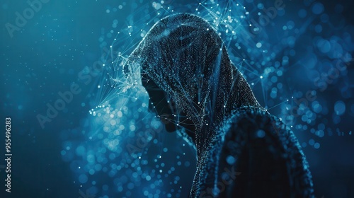 enigmatic hooded figure with a digital matrix cascading across their faceless visage set against a deep blue cyber landscape the image embodies the mysterious world of hacking and cybercrime photo