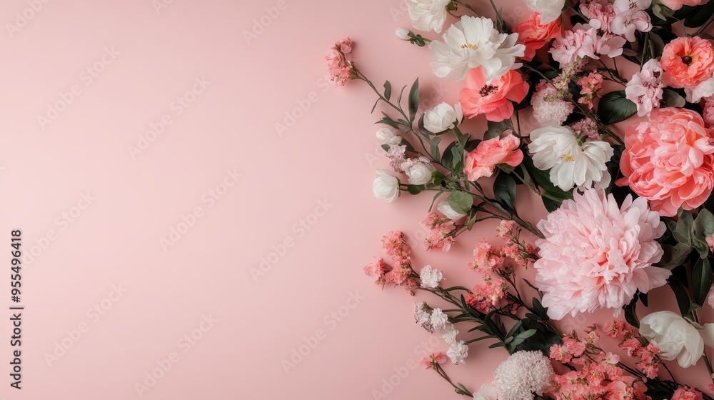 A colorful and vibrant arrangement of various flowers, including roses and peonies, displayed on a soft pastel pink background with a visually pleasing layout. A colorful and vibrant arrangement of various flowers, including roses and peonies, displayed on a soft pastel pink background with a visually pleasing layout.
