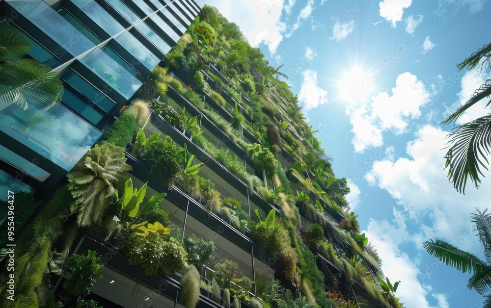 A modern vertical garden showcasing Jurassic-era plants amidst contemporary architecture under a bright blue sky A modern vertical garden showcasing Jurassic-era plants amidst contemporary architecture under a bright blue sky