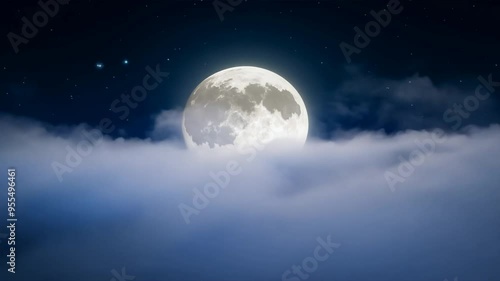 A serene night sky featuring a glowing crescent moon partially obscured by ethereal, drifting clouds. The scene captures the gen