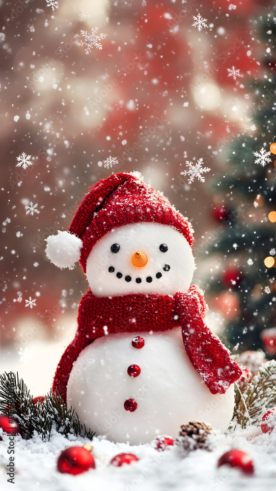 Snowman and Christmas ornaments. A holiday scene. Snowman and Christmas ornaments. A holiday scene.