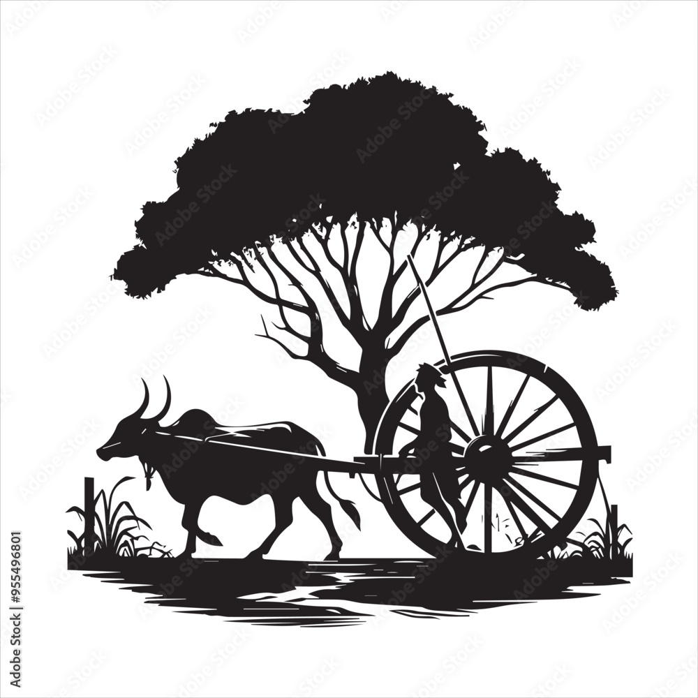 Fototapeta premium bullock cart wheel silhouette vector With White Background