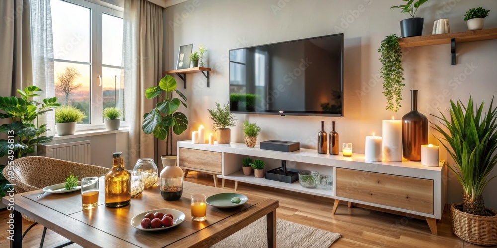 Modern Living Room with TV, Plants and Cozy Ambiance, interior design, living room, home decor, modern style Modern Living Room with TV, Plants and Cozy Ambiance, interior design, living room, home decor, modern style