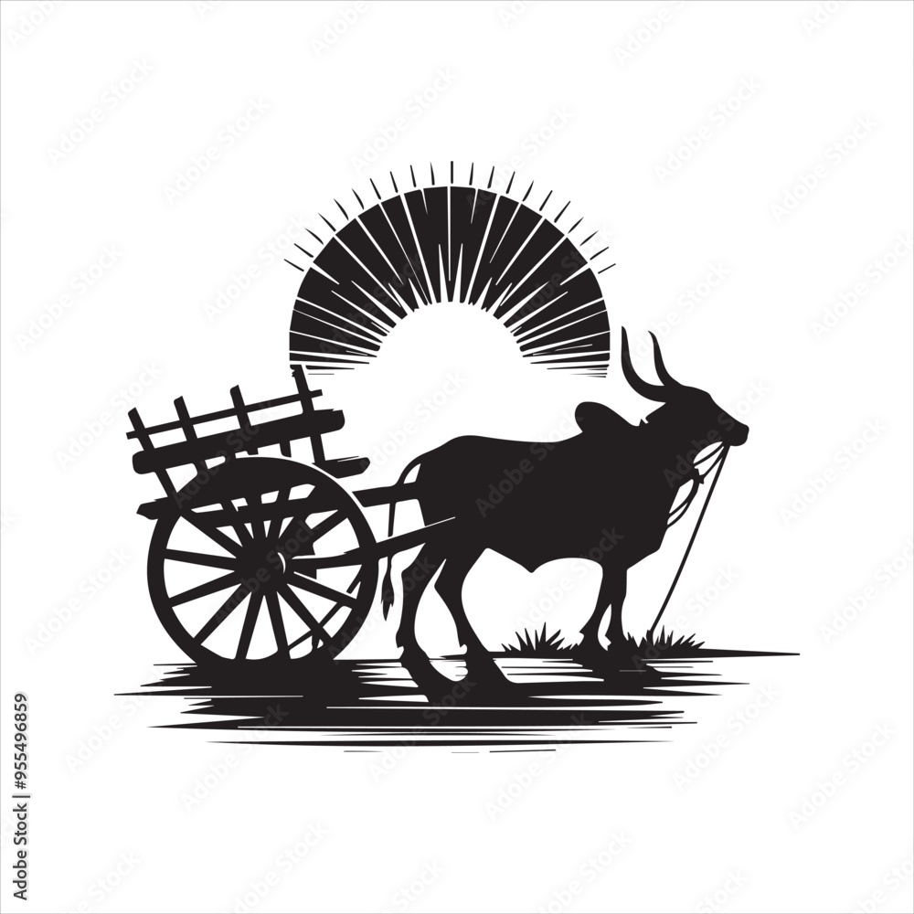 Fototapeta premium bullock cart wheel silhouette vector With White Background 