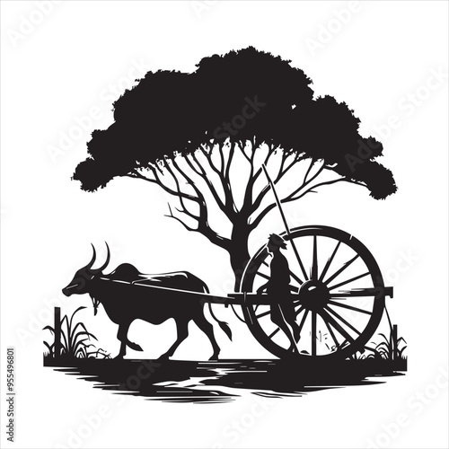 bullock cart wheel silhouette vector With White Background 
