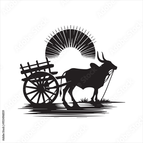 bullock cart wheel silhouette vector With White Background 