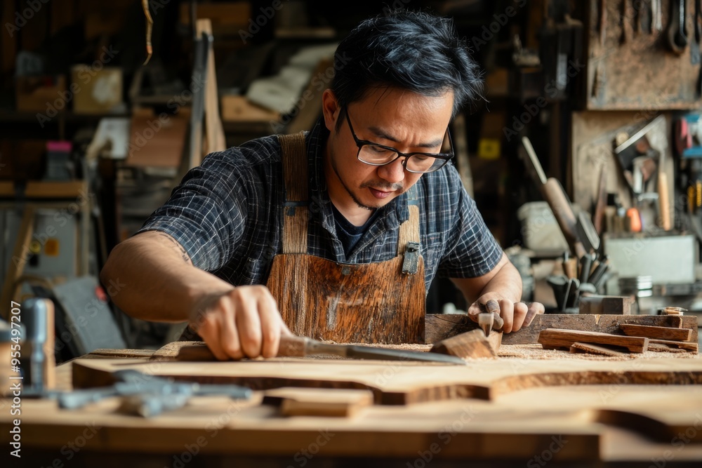 Asian carpenter skillfully using tools on a wooden table in a carpentry workshop environment Asian carpenter skillfully using tools on a wooden table in a carpentry workshop environment